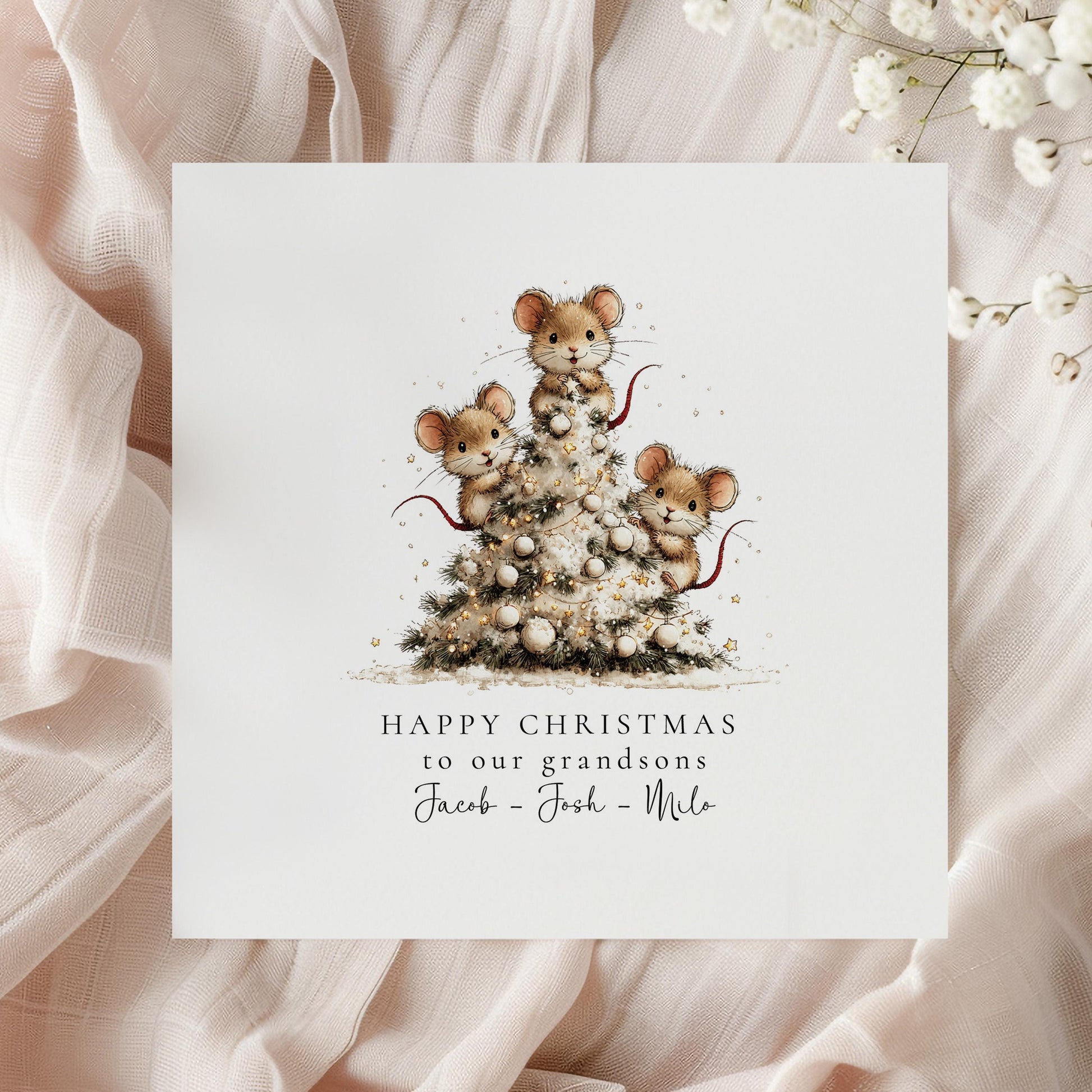 Christmas Card for Grandsons, Cute Mice Christmas Tree Design, Personalised Grandson Xmas Card, Happy Christmas Card for Grandkids