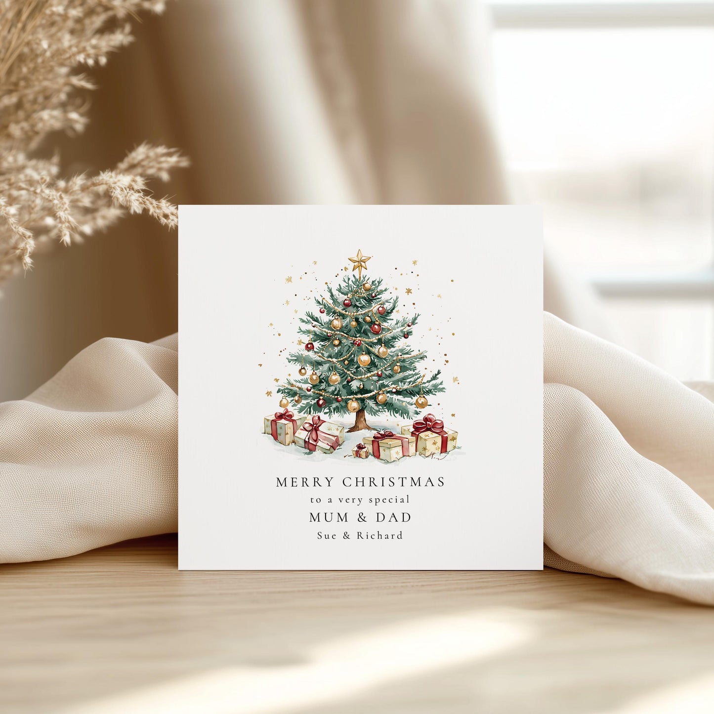 Personalised Christmas Card for Mum & Dad, Luxury Christmas Tree Card, Custom Names, Keepsake Christmas Card for Parents