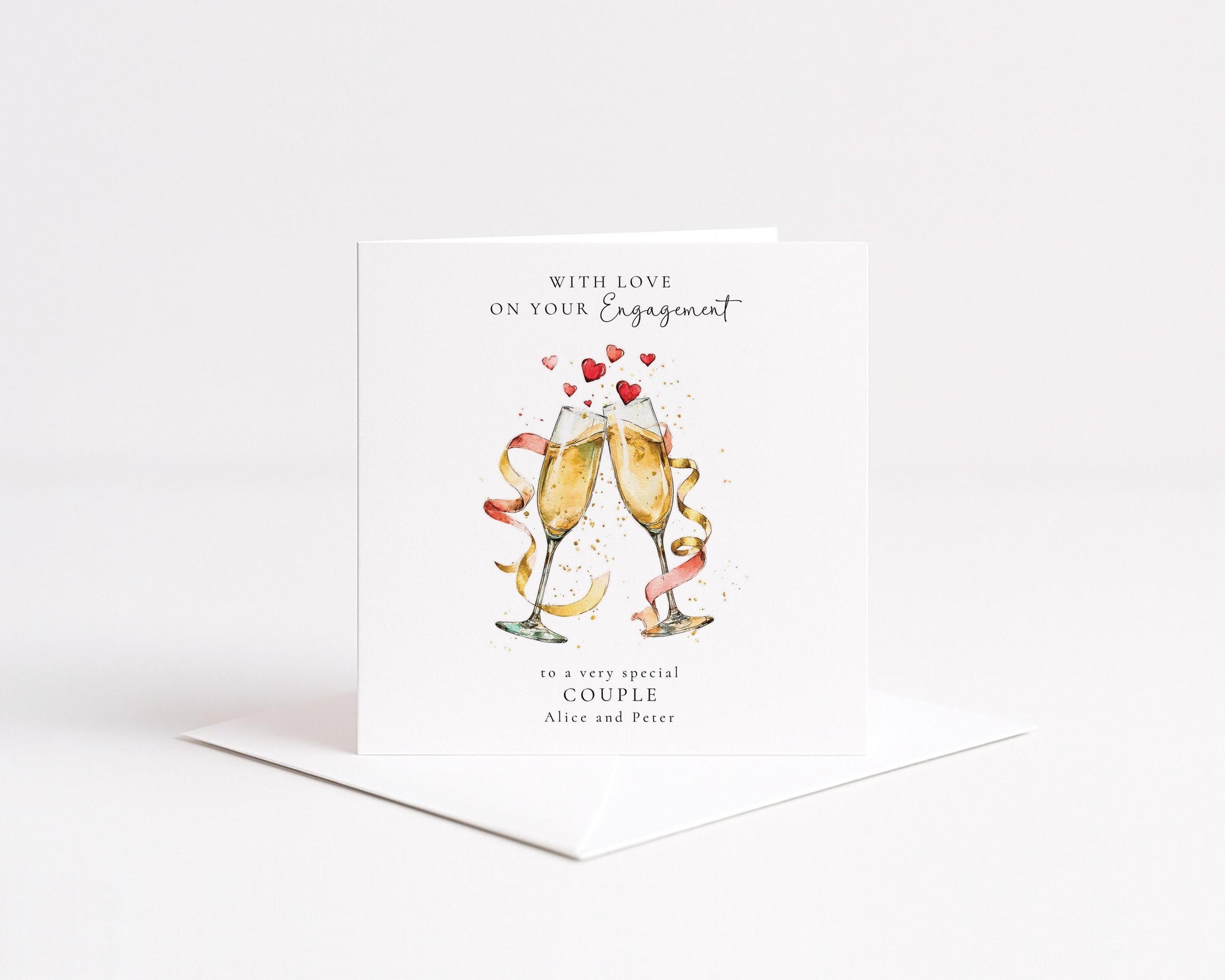 Personalised Engagement Card for Couple, Engagement Congratulations Card with Names, Champagne Glasses Engagement Card