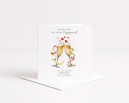 Personalised Engagement Card for Couple, Engagement Congratulations Card with Names, Champagne Glasses Engagement Card
