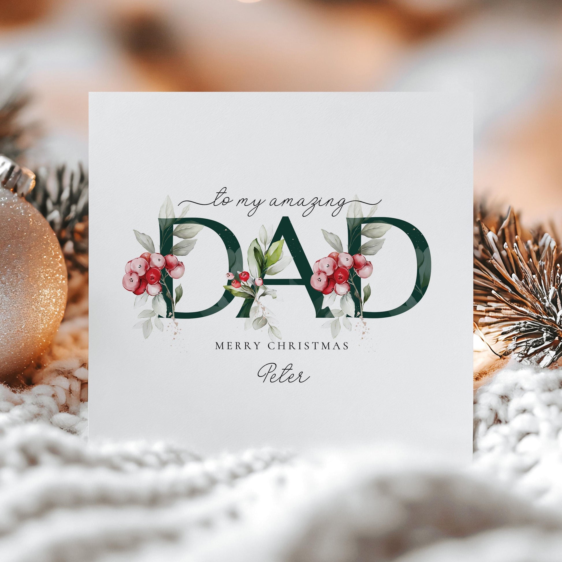 Dad Christmas Card, Personalised Christmas Card for Dad, Floral Festive Card, Elegant Merry Christmas Card with Name