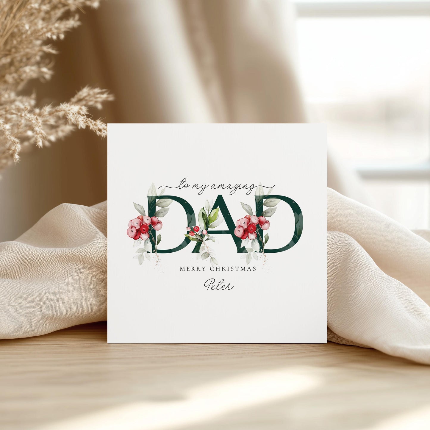 Dad Christmas Card, Personalised Christmas Card for Dad, Floral Festive Card, Elegant Merry Christmas Card with Name