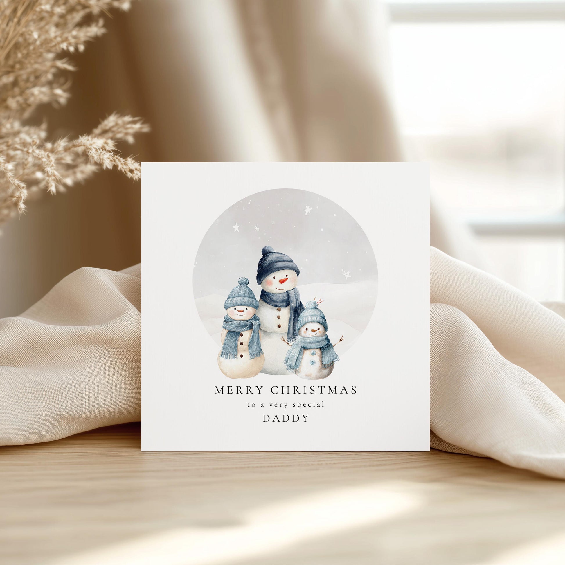 Daddy Christmas Card, Personalised Snowman Family with 2 Sons, Custom Name Card for Dad, Christmas Card from Two Boys, Cute Xmas Card