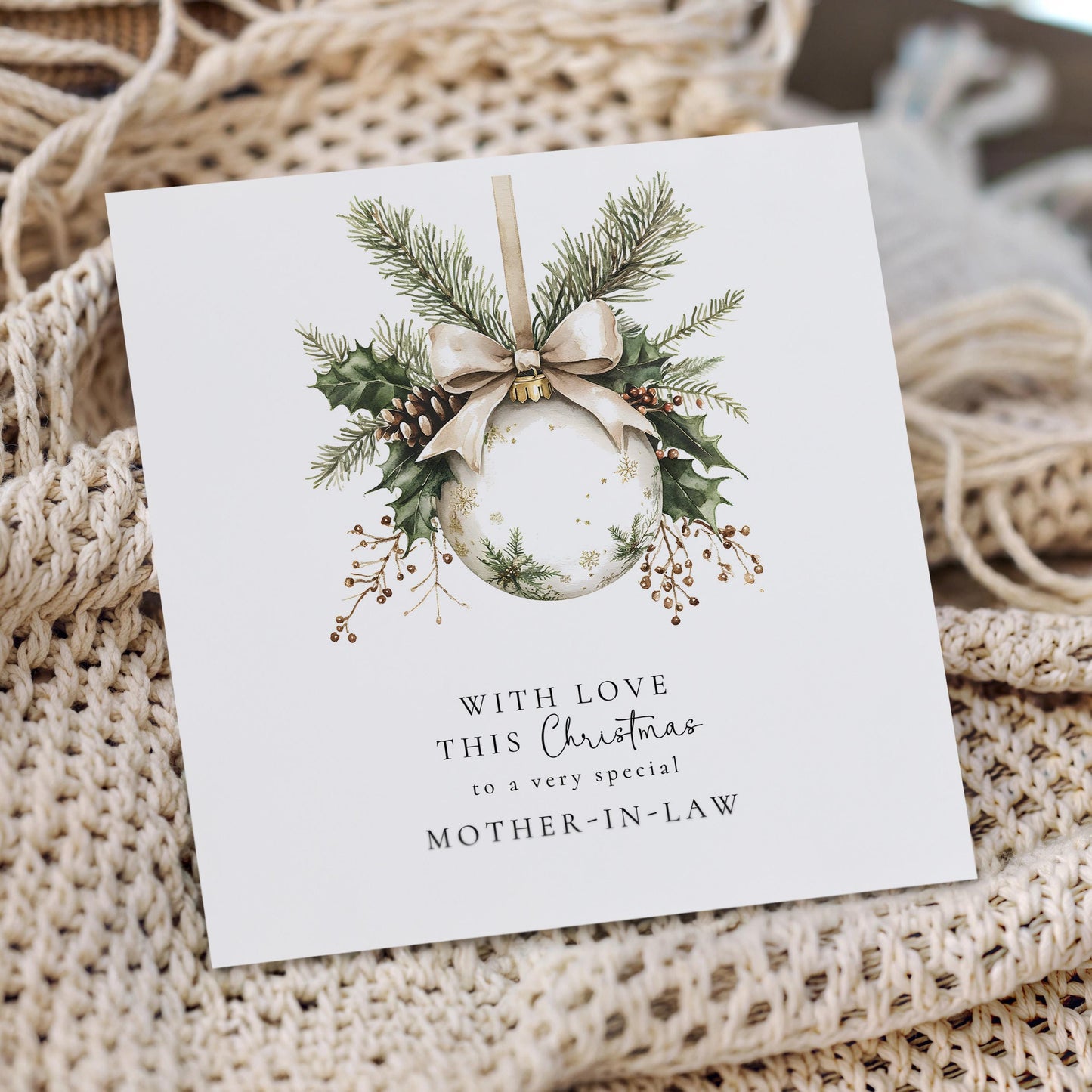 Personalised Christmas Card for Mother-in-Law, Festive Bauble Card, With Love This Christmas, Elegant Family Christmas Card