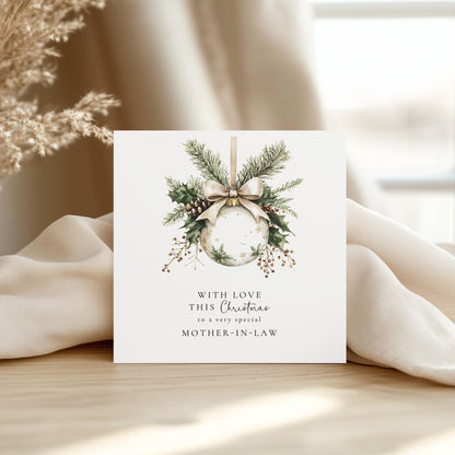 Personalised Christmas Card for Mother-in-Law, Festive Bauble Card, With Love This Christmas, Elegant Family Christmas Card