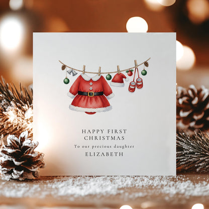First Christmas Card for Daughter, Baby Girl 1st Christmas Card, Santa Dress Outfit Card, Personalised Printed Card, New Baby Keepsake