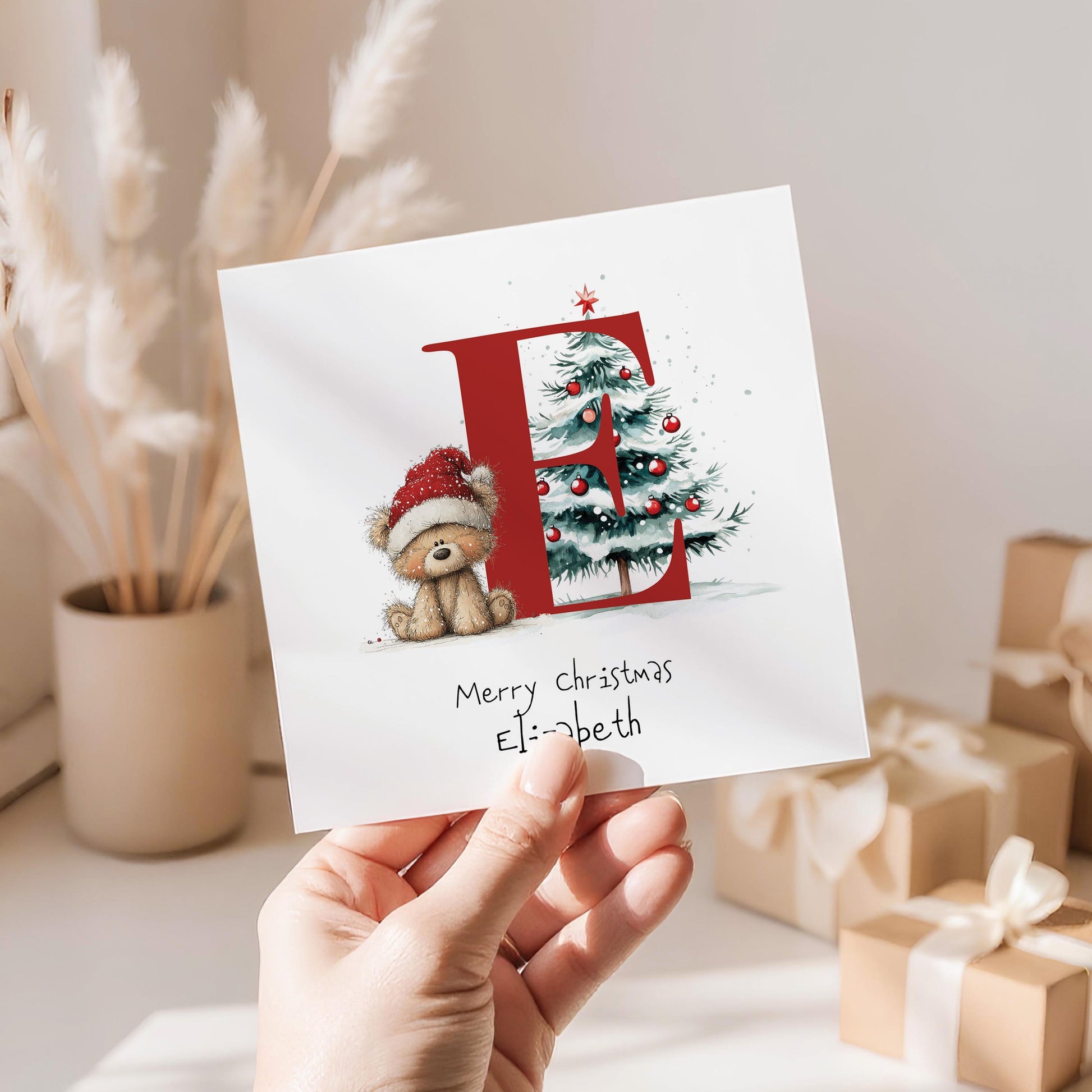 Personalised Initial Xmas Card, Letter E Christmas Card, Cute Bear Christmas Card for Kids, Grandchild