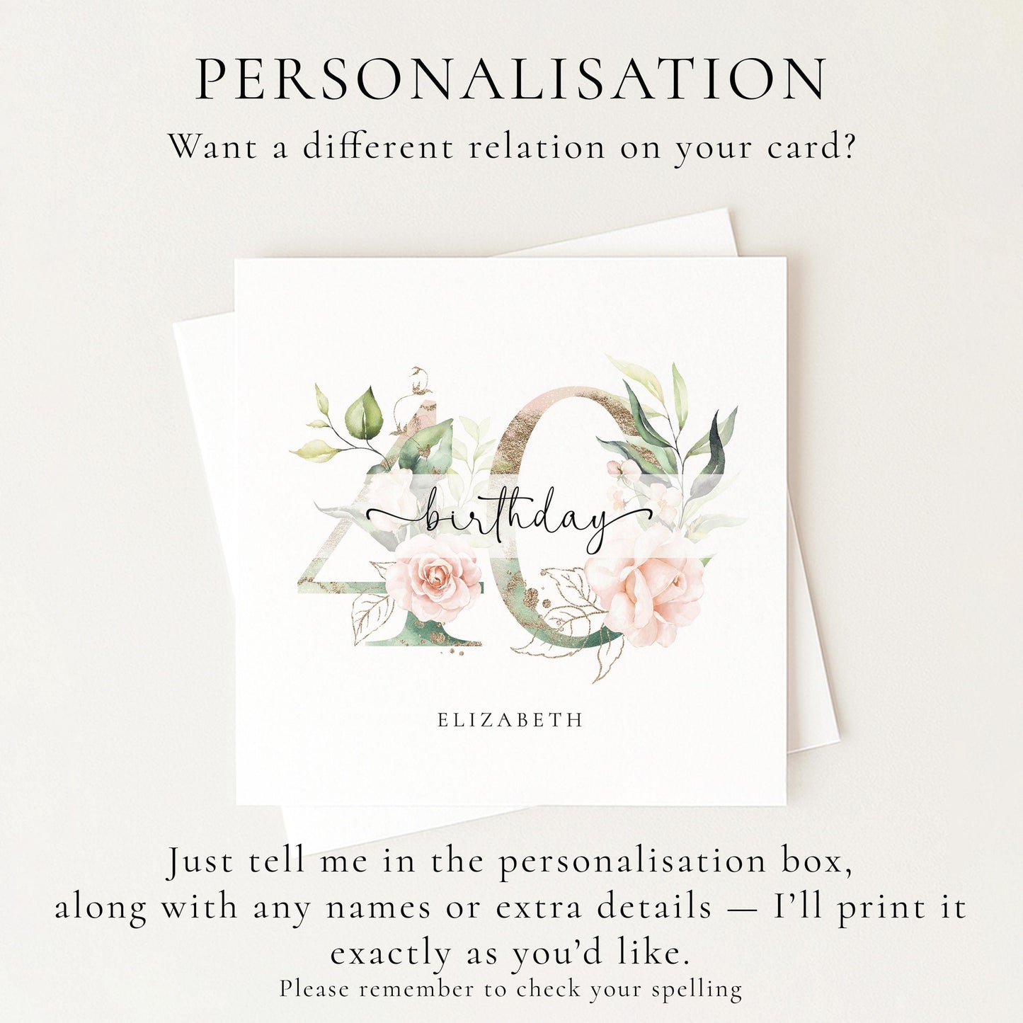 Personalised Age Birthday Card, Floral Milestone Birthday Card, Custom Name Birthday Card, Elegant Floral Number Card, 40th Birthday Card