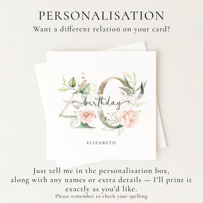 Personalised Age Birthday Card, Floral Milestone Birthday Card, Custom Name Birthday Card, Elegant Floral Number Card, 40th Birthday Card