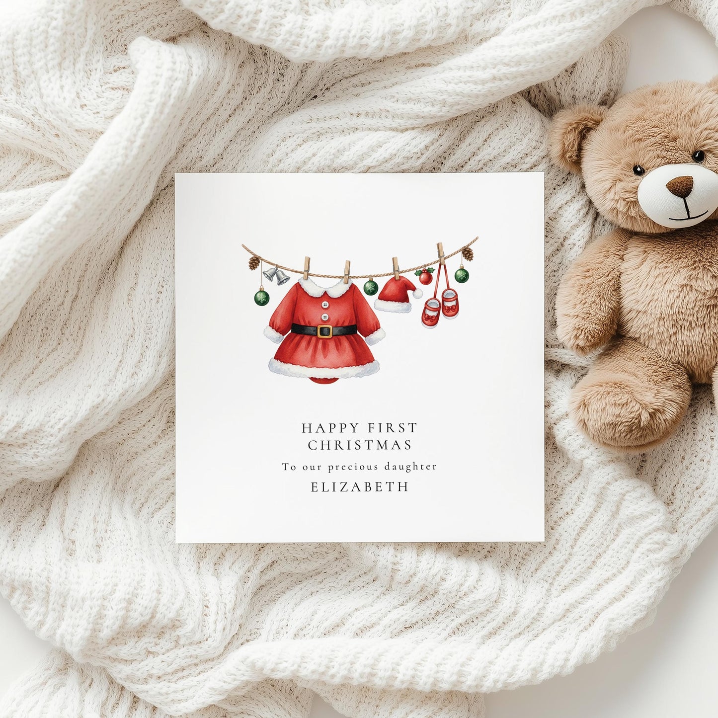 First Christmas Card for Daughter, Baby Girl 1st Christmas Card, Santa Dress Outfit Card, Personalised Printed Card, New Baby Keepsake