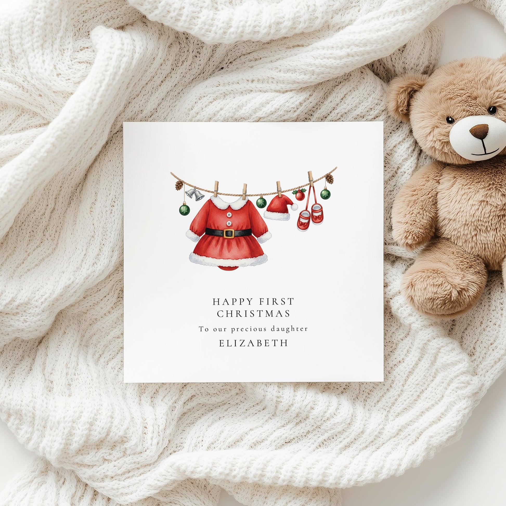 First Christmas Card for Daughter, Baby Girl 1st Christmas Card, Santa Dress Outfit Card, Personalised Printed Card, New Baby Keepsake