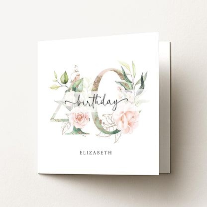 Personalised Age Birthday Card, Floral Milestone Birthday Card, Custom Name Birthday Card, Elegant Floral Number Card, 40th Birthday Card