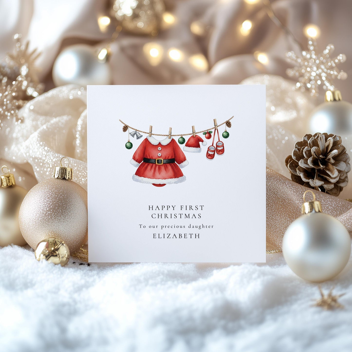 First Christmas Card for Daughter, Baby Girl 1st Christmas Card, Santa Dress Outfit Card, Personalised Printed Card, New Baby Keepsake