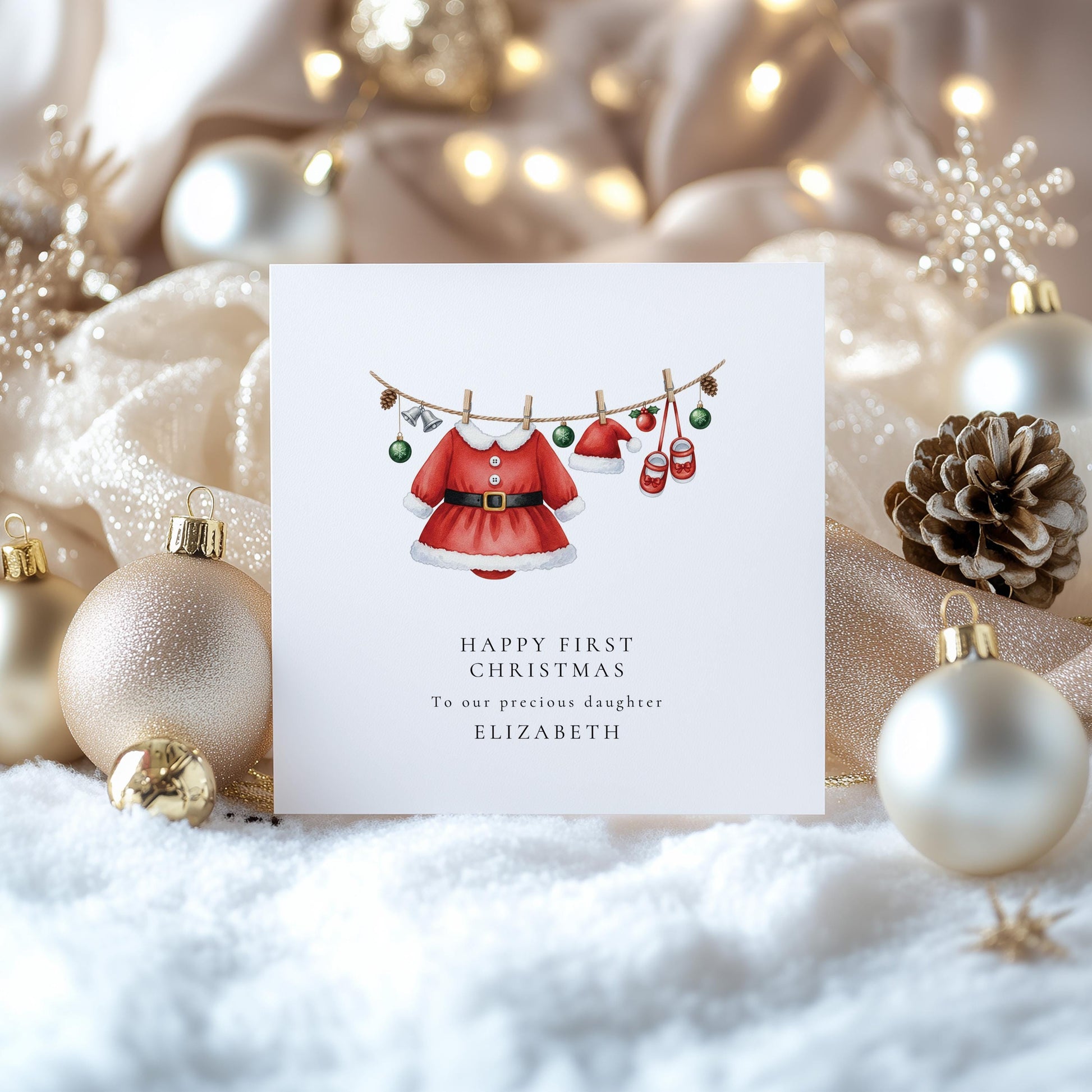 First Christmas Card for Daughter, Baby Girl 1st Christmas Card, Santa Dress Outfit Card, Personalised Printed Card, New Baby Keepsake
