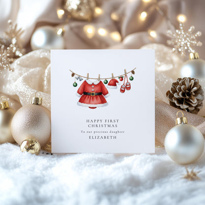 First Christmas Card for Daughter, Baby Girl 1st Christmas Card, Santa Dress Outfit Card, Personalised Printed Card, New Baby Keepsake