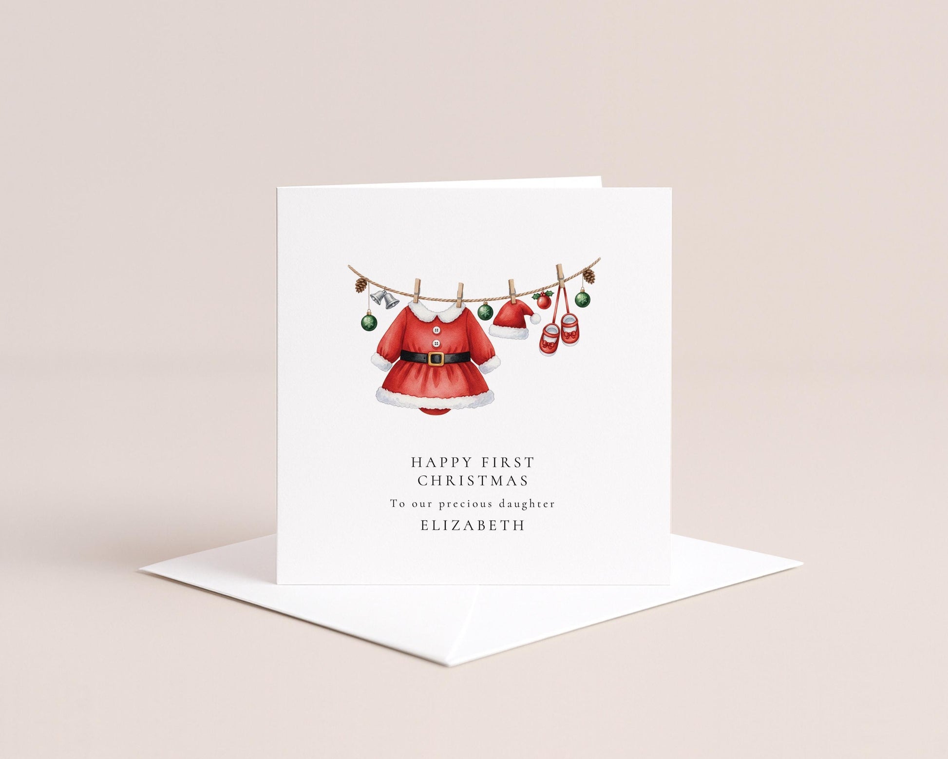 First Christmas Card for Daughter, Baby Girl 1st Christmas Card, Santa Dress Outfit Card, Personalised Printed Card, New Baby Keepsake