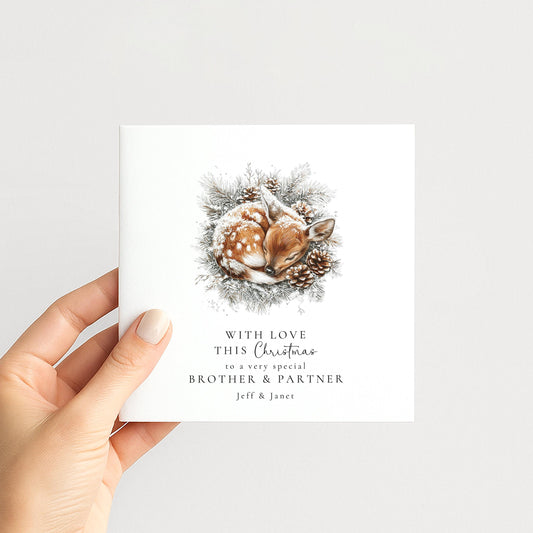 Brother & Partner Christmas Card, Personalised Deer Xmas Card, Winter Holiday Card