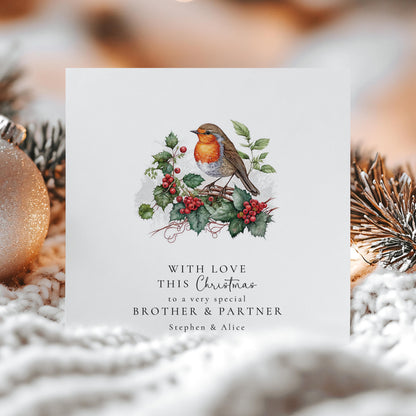 Personalised Robin Christmas Card for Brother & Partner, Cute Robin Xmas Card, Family Christmas Card, Custom Winter Holiday Card