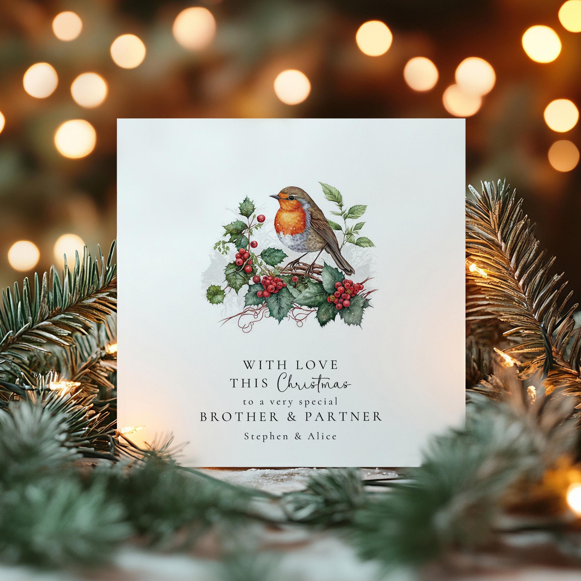 Personalised Robin Christmas Card for Brother & Partner, Cute Robin Xmas Card, Family Christmas Card, Custom Winter Holiday Card