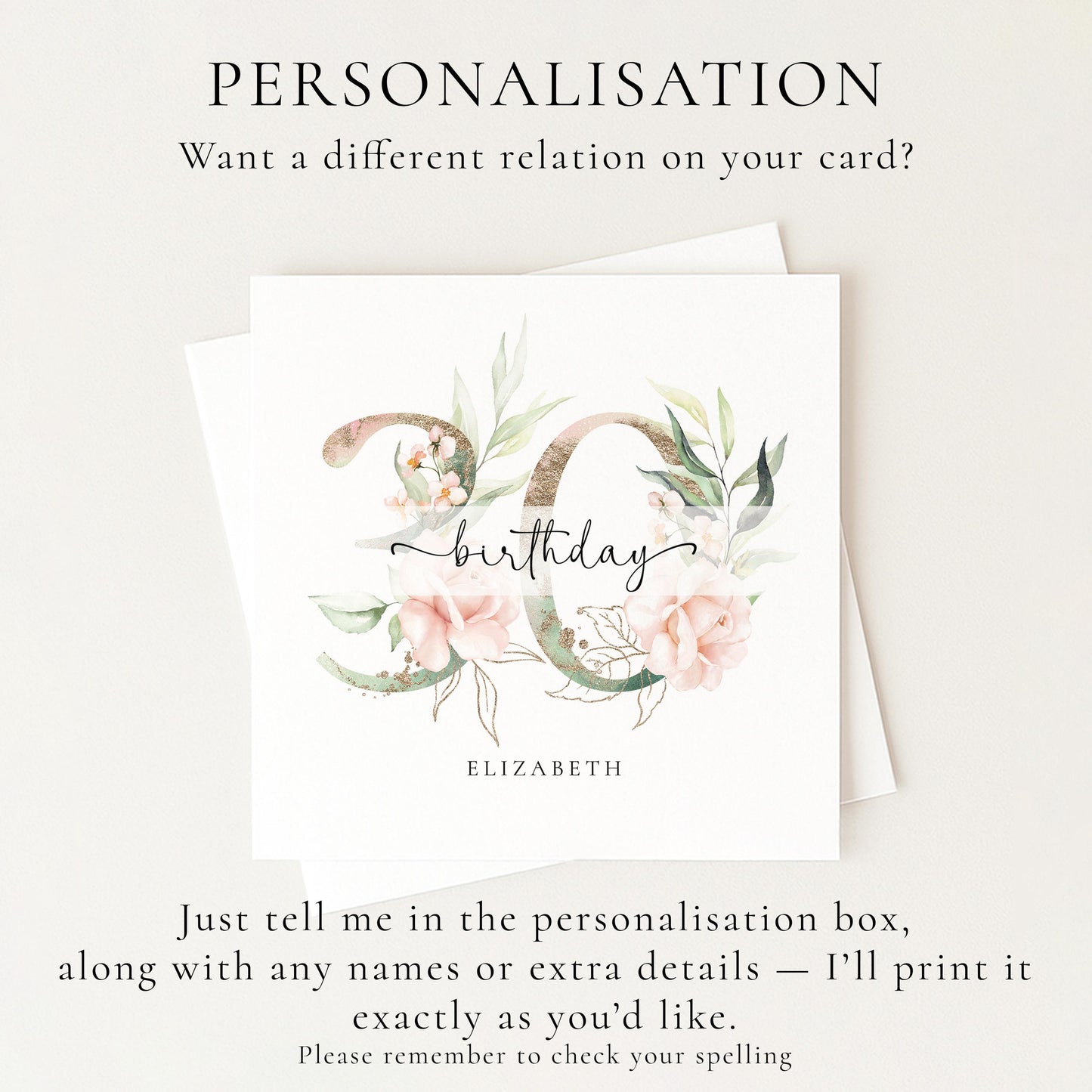 Personalised 30th Birthday Card, Elegant Floral Birthday Card, Custom Name Card for Her, Milestone Birthday Keepsake