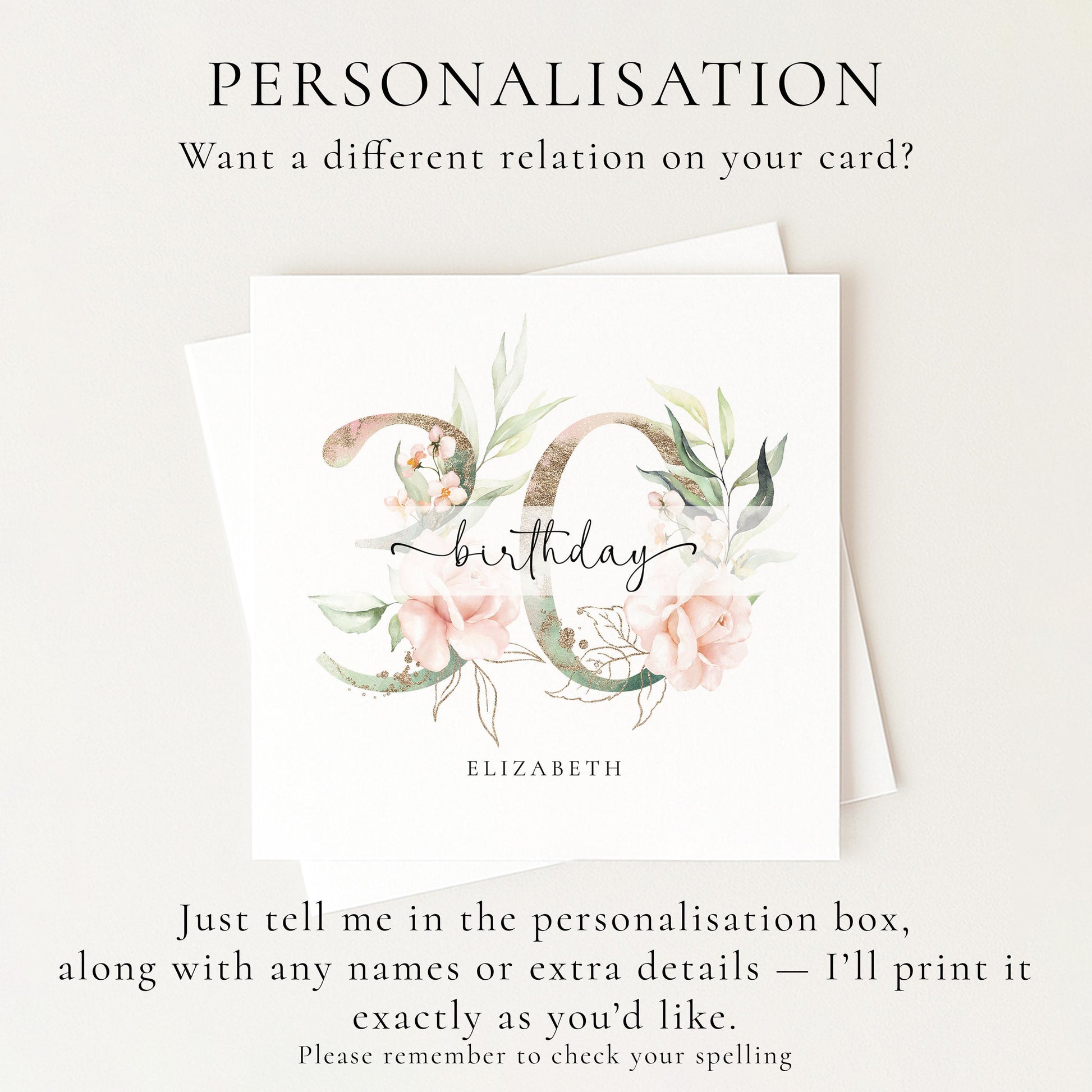 Personalised 30th Birthday Card, Elegant Floral Birthday Card, Custom Name Card for Her, Milestone Birthday Keepsake