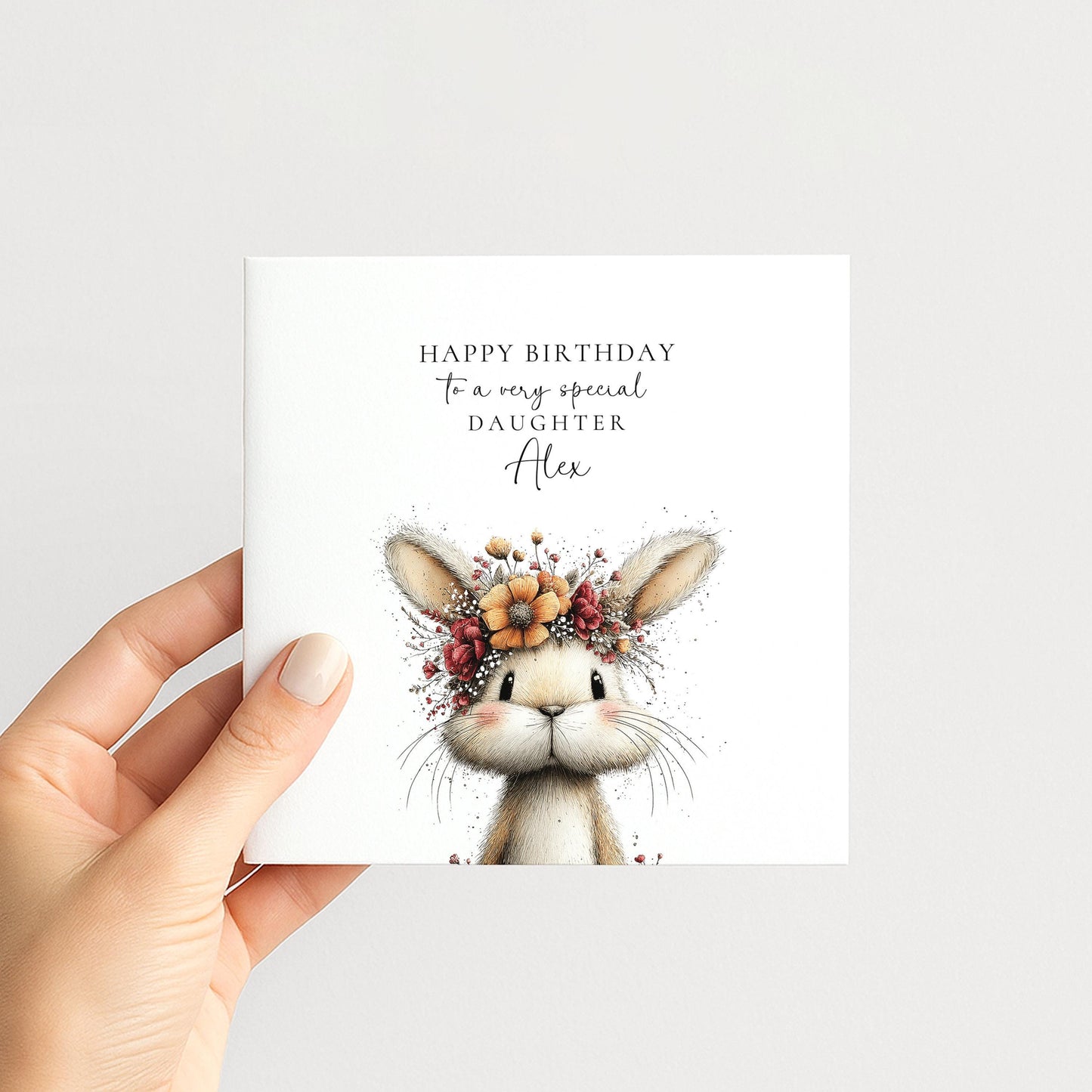 Daughter Birthday Card, Bunny Birthday Card, Personalised Daughter Card, Floral Crown Rabbit Card, Cute Girls Birthday Card