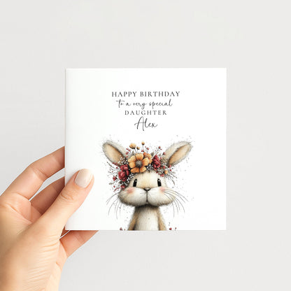 Daughter Birthday Card, Bunny Birthday Card, Personalised Daughter Card, Floral Crown Rabbit Card, Cute Girls Birthday Card