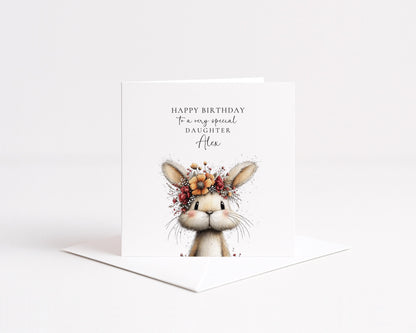 Daughter Birthday Card, Bunny Birthday Card, Personalised Daughter Card, Floral Crown Rabbit Card, Cute Girls Birthday Card