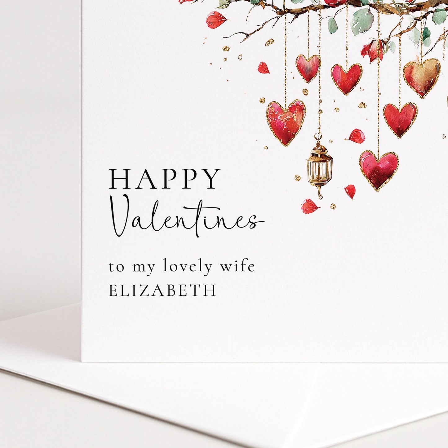 Valentines Card for Wife, Romantic Roses & Hearts Valentine Card, Personalised Wife Valentine’s Day Card, Printed Love Card