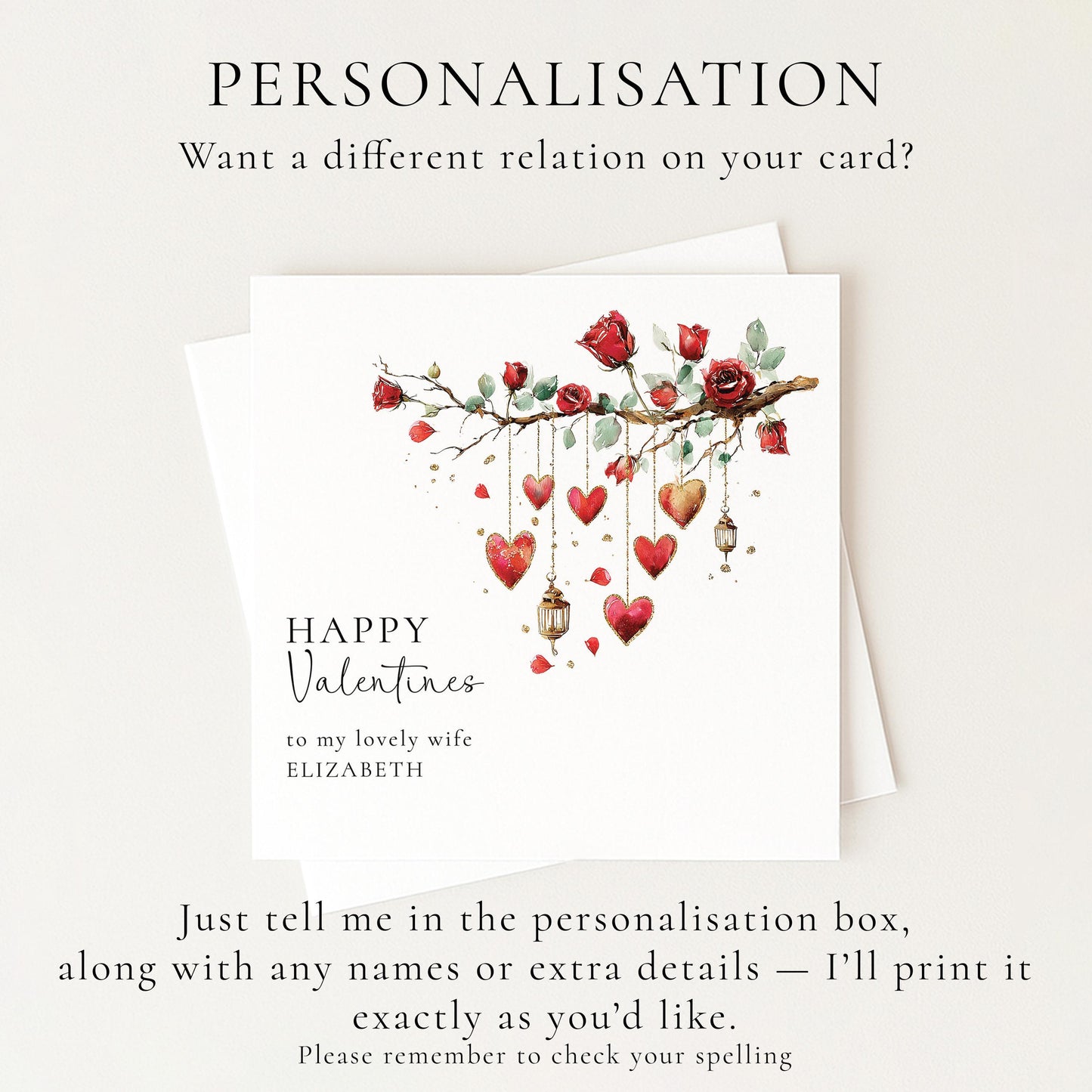 Valentines Card for Wife, Romantic Roses & Hearts Valentine Card, Personalised Wife Valentine’s Day Card, Printed Love Card