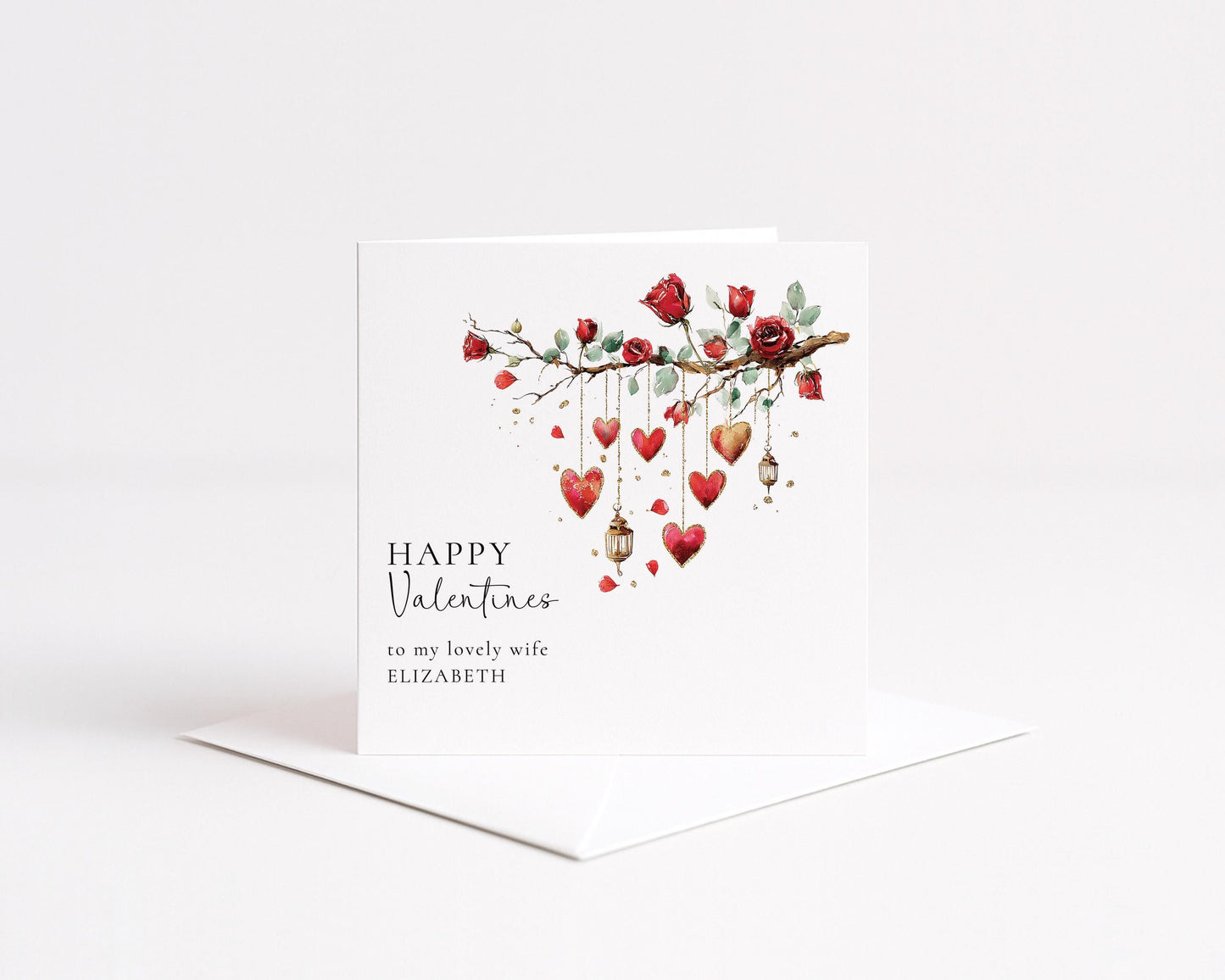 Valentines Card for Wife, Romantic Roses & Hearts Valentine Card, Personalised Wife Valentine’s Day Card, Printed Love Card