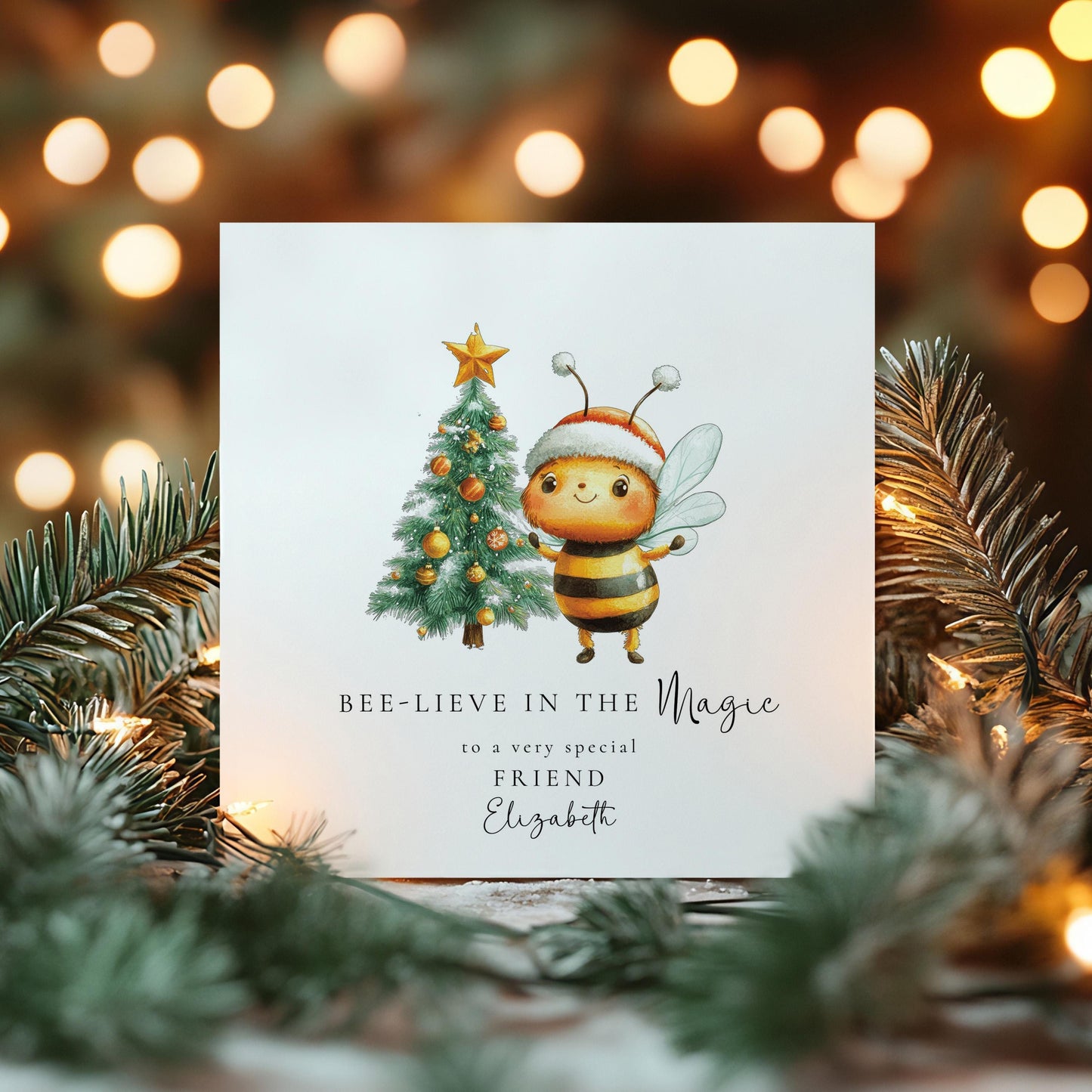 Bee Christmas Card, Bee-lieve in the Magic Card, Cute Personalised Xmas Card for Friend, Christmas Bee & Tree Card, Custom Name Holiday Card
