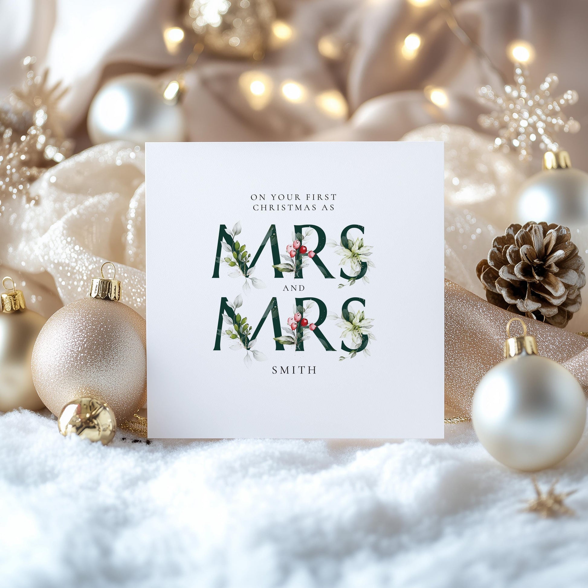 First Christmas Married Card: Elegant Festive Mrs & Mrs Holly Design