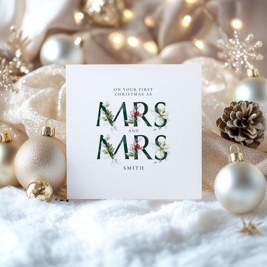 First Christmas Married Card: Elegant Festive Mrs & Mrs Holly Design