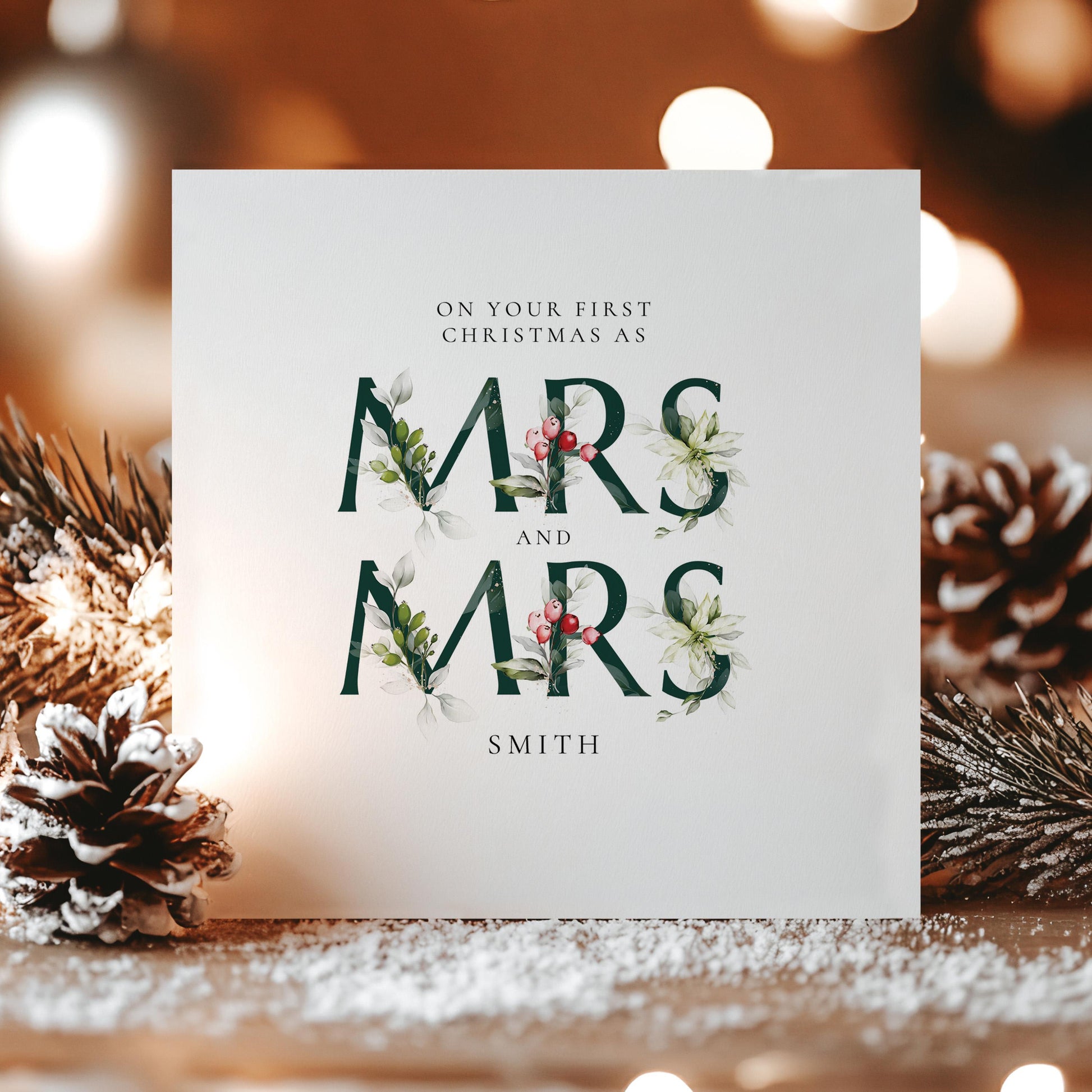 First Christmas Married Card: Elegant Festive Mrs & Mrs Holly Design