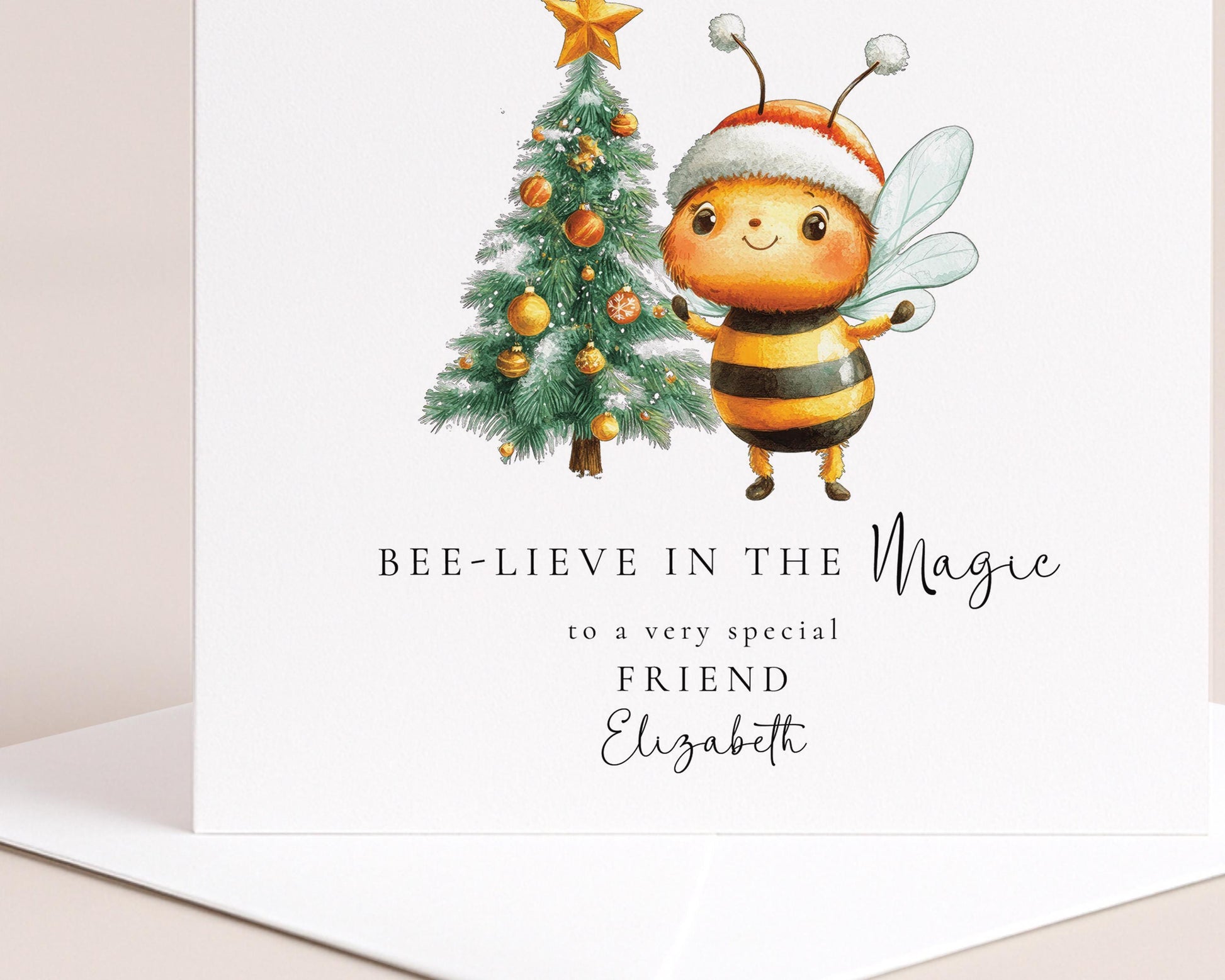 Bee Christmas Card, Bee-lieve in the Magic Card, Cute Personalised Xmas Card for Friend, Christmas Bee & Tree Card, Custom Name Holiday Card