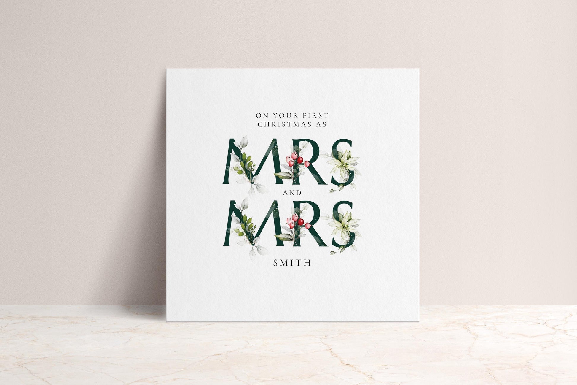 First Christmas Married Card: Elegant Festive Mrs & Mrs Holly Design