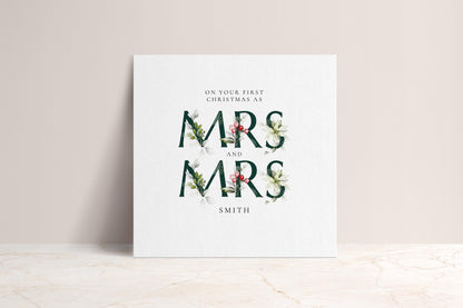 First Christmas Married Card: Elegant Festive Mrs & Mrs Holly Design