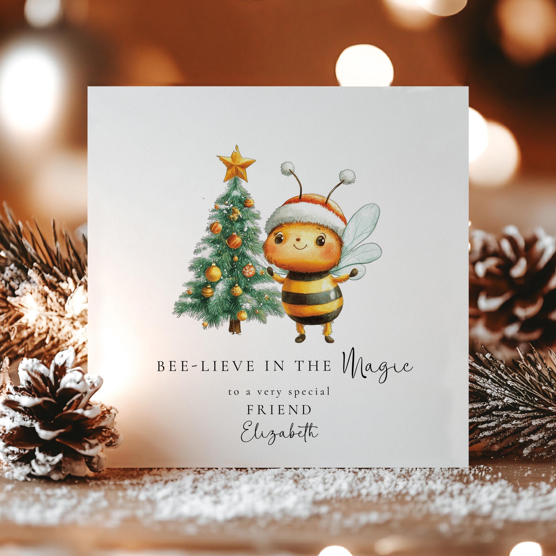 Bee Christmas Card, Bee-lieve in the Magic Card, Cute Personalised Xmas Card for Friend, Christmas Bee & Tree Card, Custom Name Holiday Card