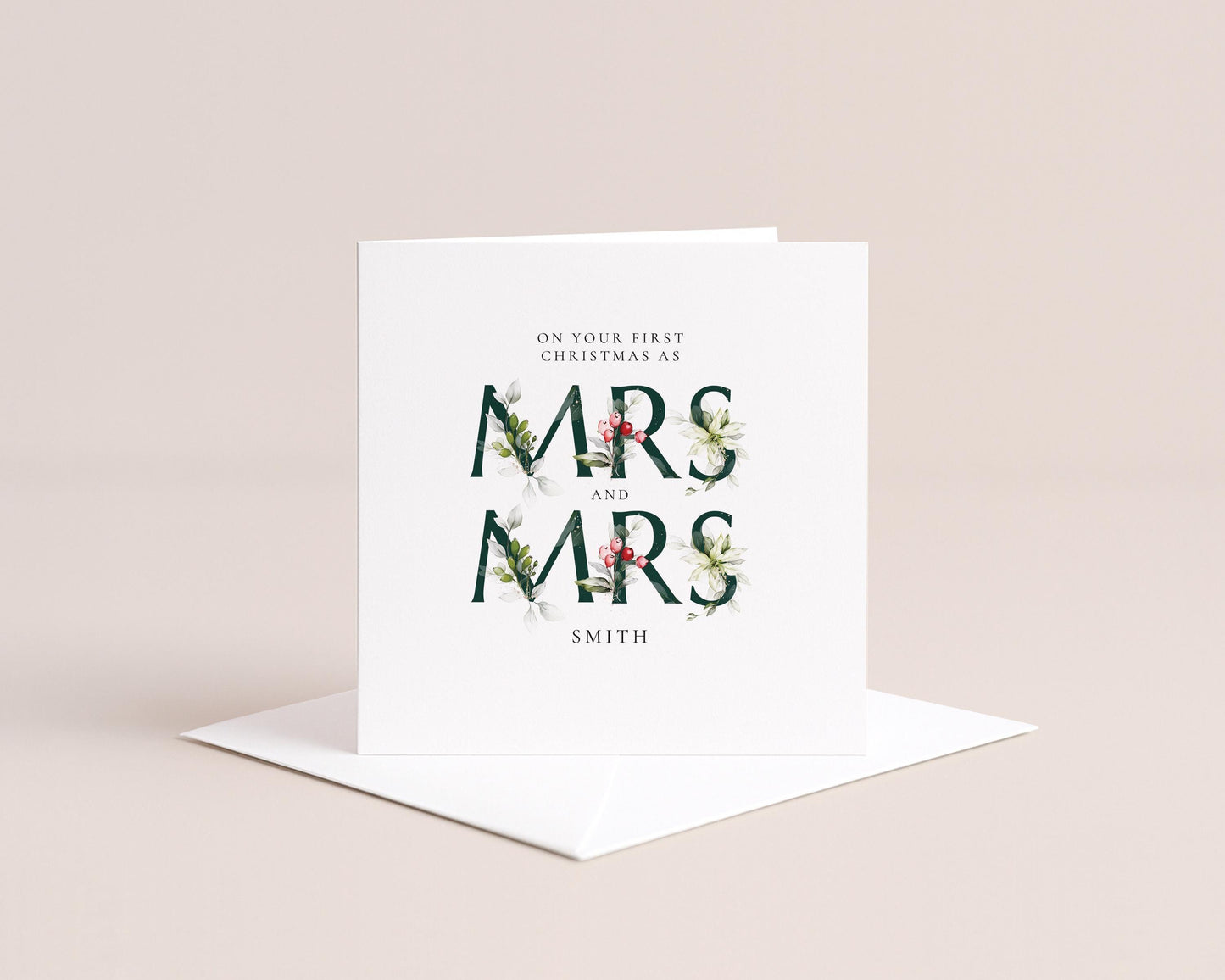 First Christmas Married Card: Elegant Festive Mrs & Mrs Holly Design