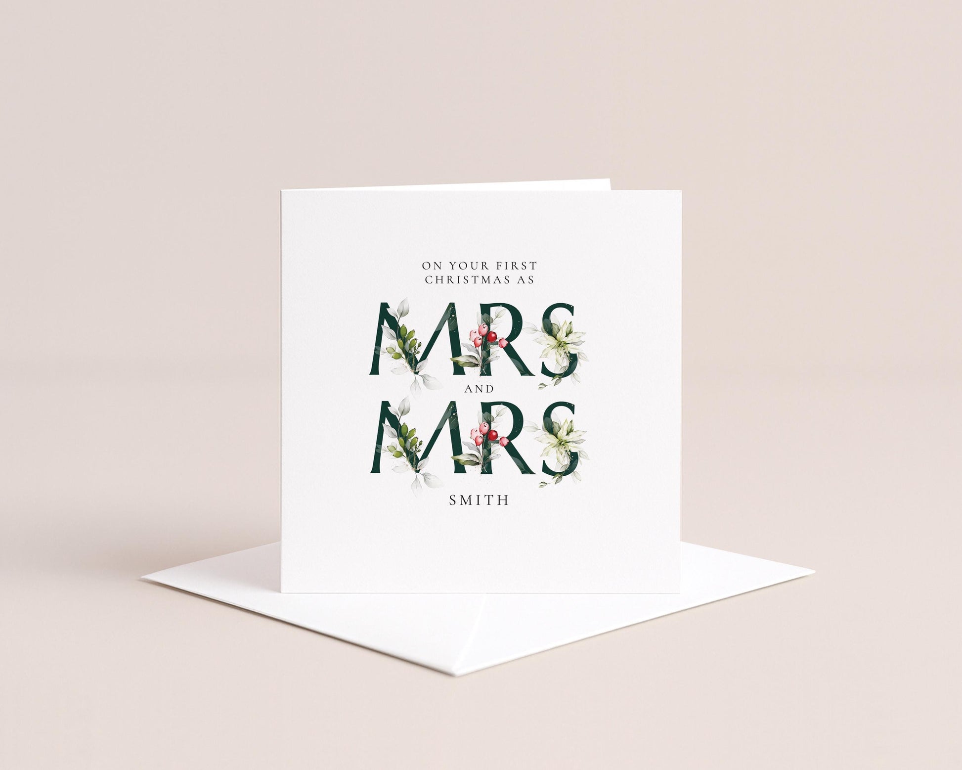 First Christmas Married Card: Elegant Festive Mrs & Mrs Holly Design