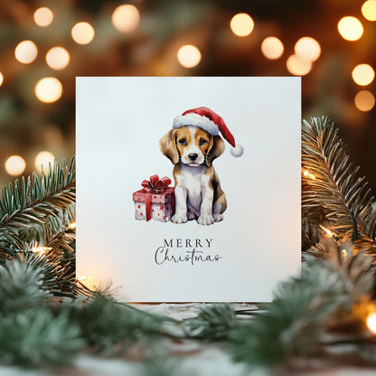 Merry Christmas Beagle Card, Cute Puppy in Santa Hat, Dog Christmas Card, Christmas Card for Dog Lovers, Festive Pet Greeting Card