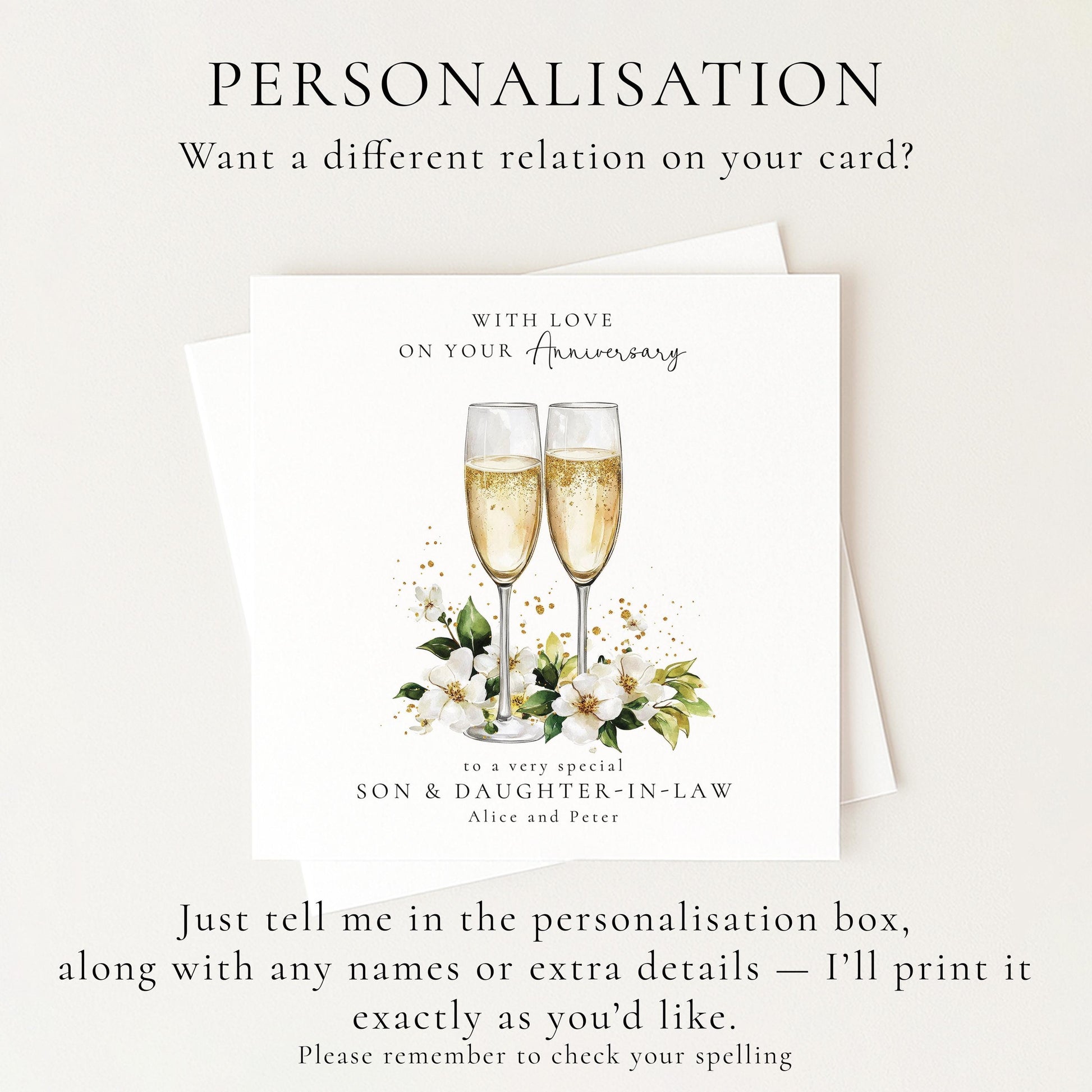 Anniversary Card for Son and Daughter in Law, Personalised Family Anniversary Card, Champagne Glasses Wedding Anniversary Card
