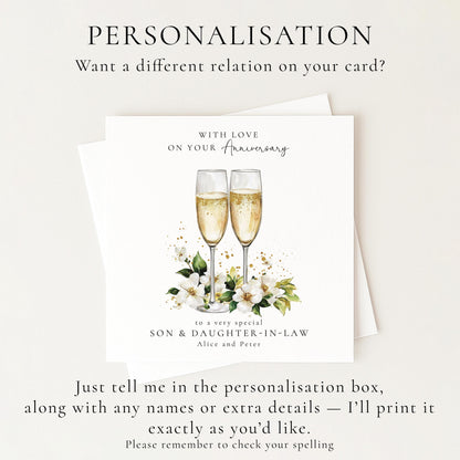 Anniversary Card for Son and Daughter in Law, Personalised Family Anniversary Card, Champagne Glasses Wedding Anniversary Card