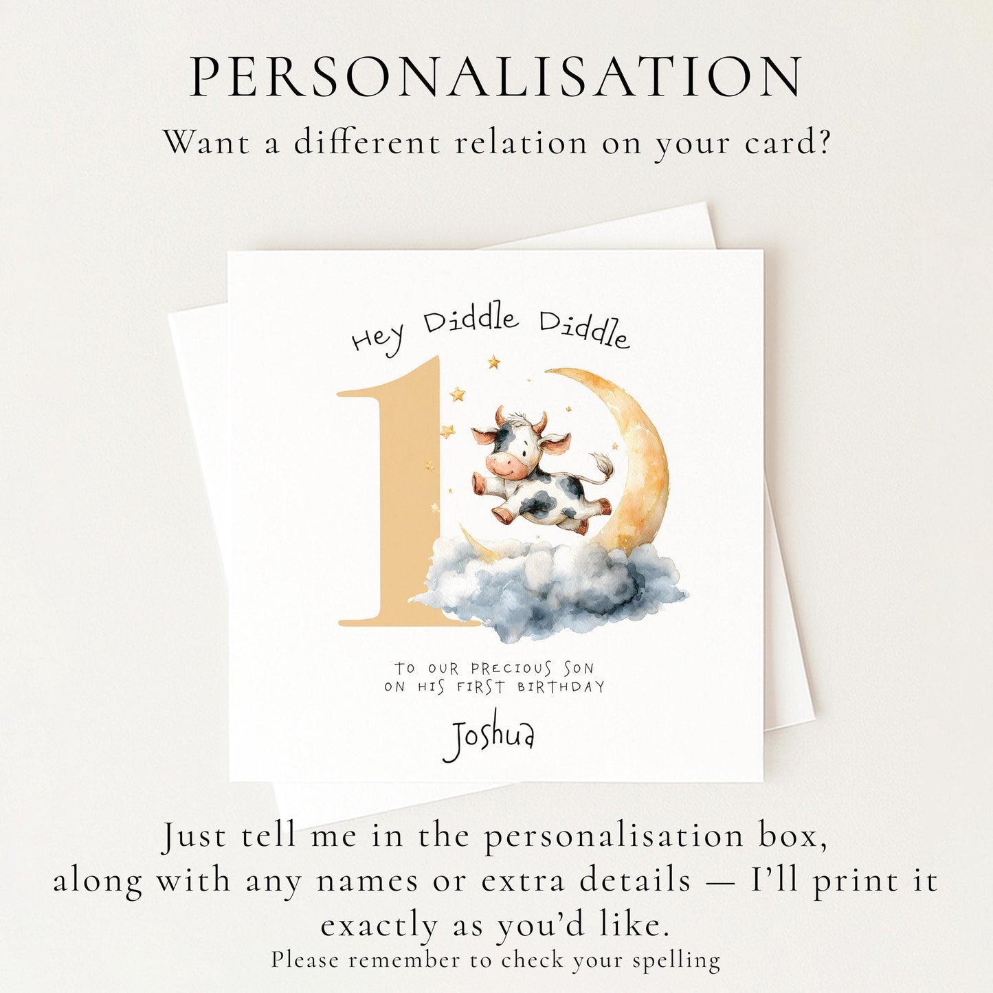 Personalised 1st Birthday Card for Son or Boy, Hey Diddle Diddle First Birthday Card, Cow Jumping Over the Moon Card, Nursery Rhyme Theme
