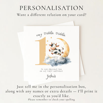 Personalised 1st Birthday Card for Son or Boy, Hey Diddle Diddle First Birthday Card, Cow Jumping Over the Moon Card, Nursery Rhyme Theme