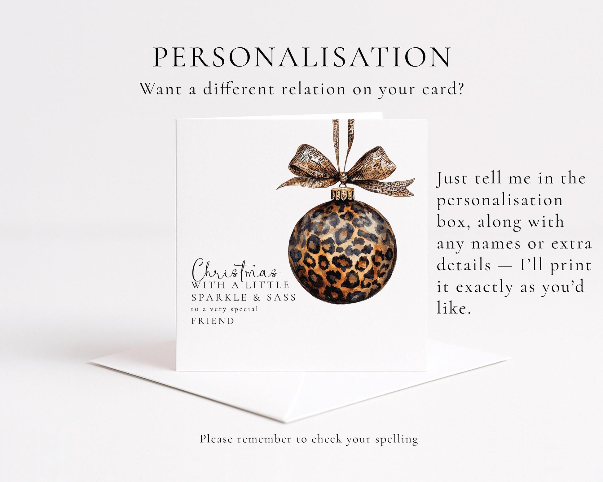 Christmas Card for Friend, Leopard Print Bauble, Sparkle and Sass Card, Personalised Christmas Card for Her, Stylish Holiday Card
