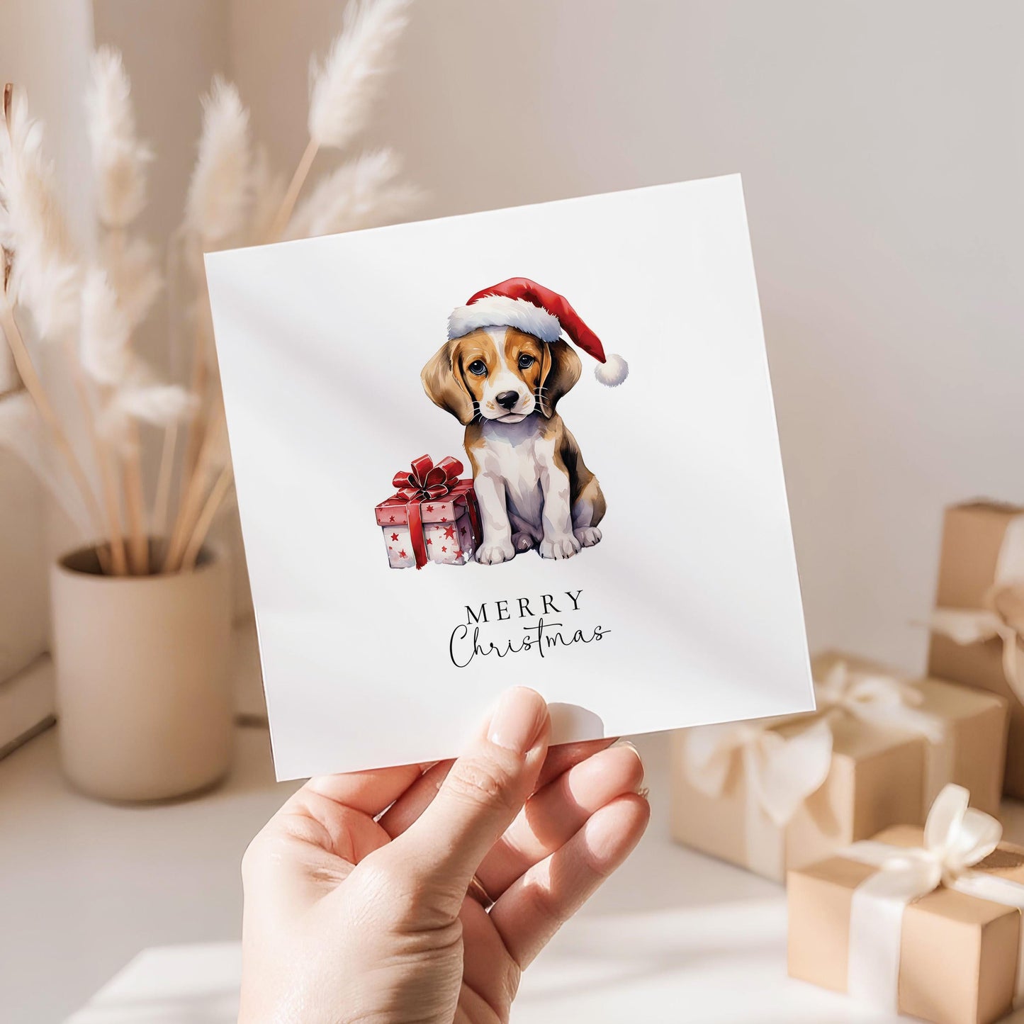 Merry Christmas Beagle Card, Cute Puppy in Santa Hat, Dog Christmas Card, Christmas Card for Dog Lovers, Festive Pet Greeting Card