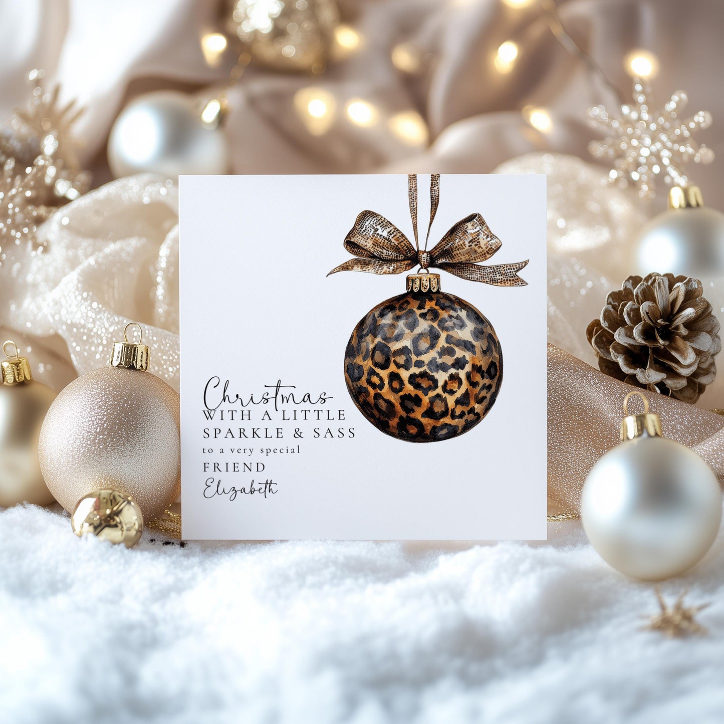 Christmas Card for Friend, Leopard Print Bauble, Sparkle and Sass Card, Personalised Christmas Card for Her, Stylish Holiday Card