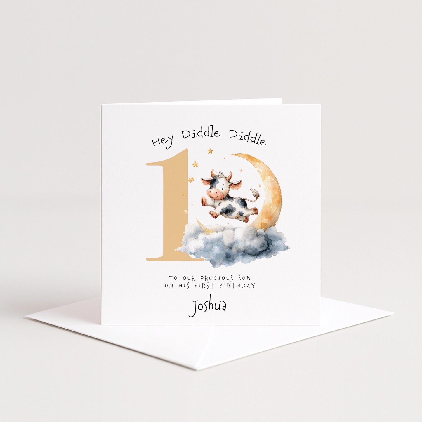 Personalised 1st Birthday Card for Son or Boy, Hey Diddle Diddle First Birthday Card, Cow Jumping Over the Moon Card, Nursery Rhyme Theme